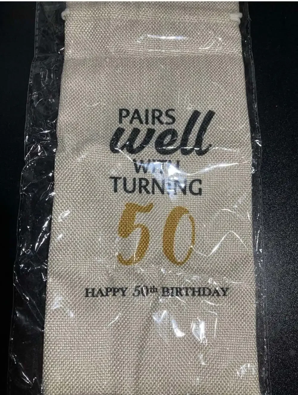 Happy 50th Birthday Wine Bottle Bag - Pairs Well With Turning 50 Burlap Gift Bag